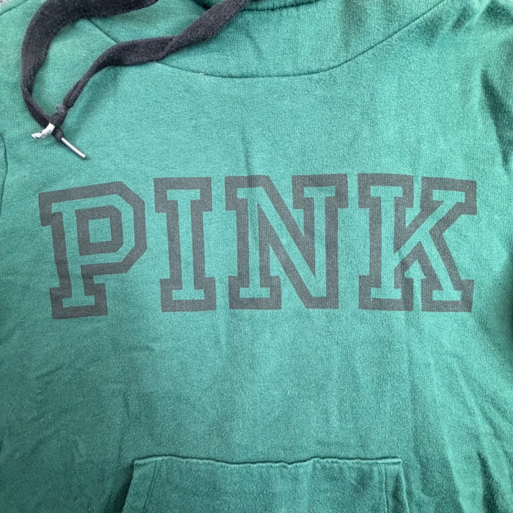 PINK Victoria's Secret Hoodie Women L Green Sherpa Lined Pullover Sweatshirt - Picture 2 of 11